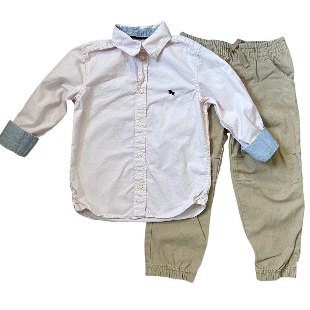 Toddler Boy Soft Pink Blue Button Up Shirt & Khaki Cargo Joggers Outfit Set